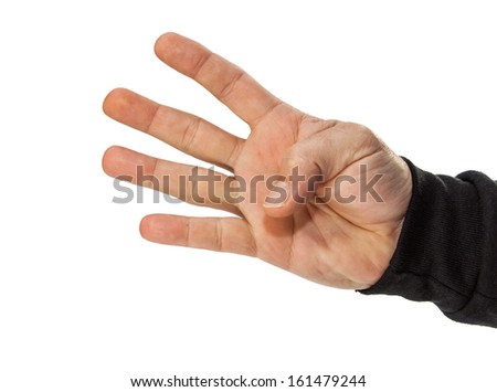 male hand counting 4 isolated on white