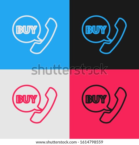 Color line Phone and speech bubble with text Buy icon isolated on color background. Online buying symbol. Supermarket basket symbol. Vintage style drawing. Vector Illustration