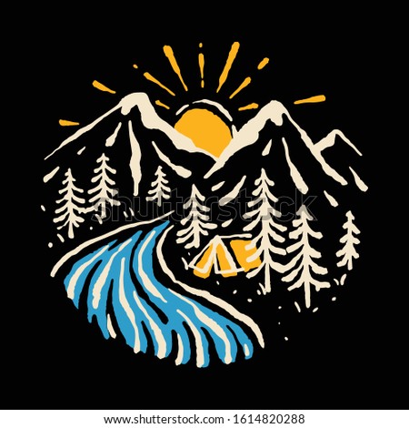 Camping Hiking Mountain Nature River Graphic Illustration Vector Art T-shirt Design