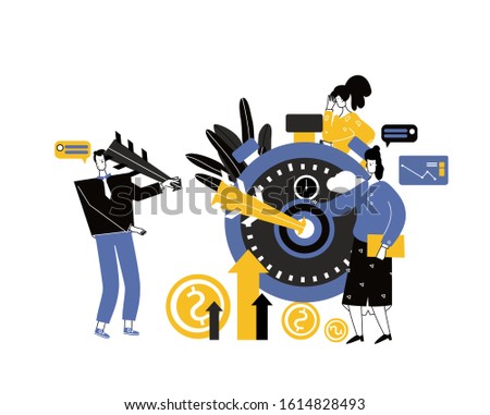 Finance graphic elements are a beneficial investment in investing in a successful business in a short period of time. A cohesive team of people working on business.Characters flat cartoon illustration