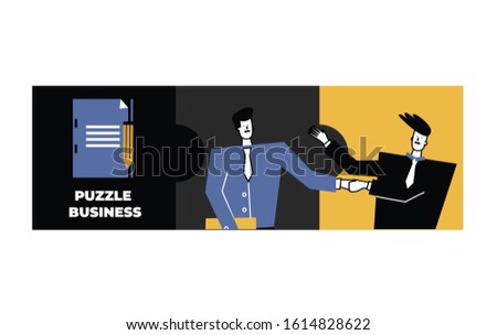 Business people in a blue yellow grey puzzle collage agreed on a deal, agree to do business together. Colorful vector illustration in modern flat cartoon style