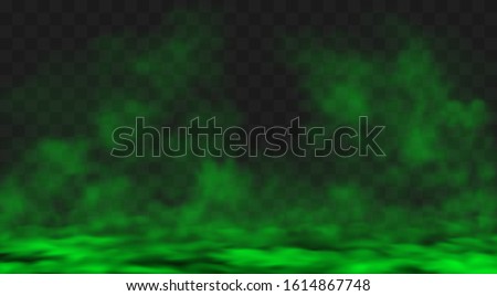 Green smog or fog clouds spreads on ground. Stink bad smell, smoke or poison gases. Vector realistic chemical toxic vapour soaring in air isolated on transparent background Royalty-Free Stock Photo #1614867748