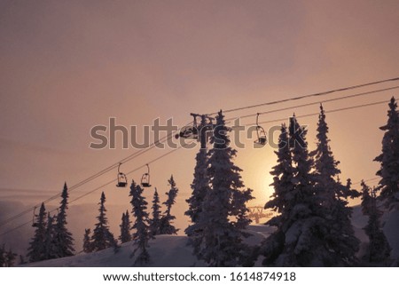 Ski lift in snowfall in mountains ski resort Sheregesh, Russia White winter sunset view  landscape with chairlifts  and snow covered fir tree forest