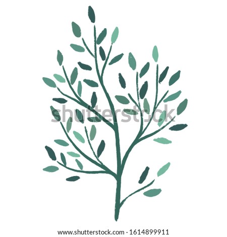 Young thin green tree with small dark leaves. Digital illustration. Garden plant. Sprout