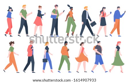 Walking people. Business men and women walk side profiles, people in seasonal and office clothes. Young and elderly moving stylish characters. Walkers isolated vector illustration icons set