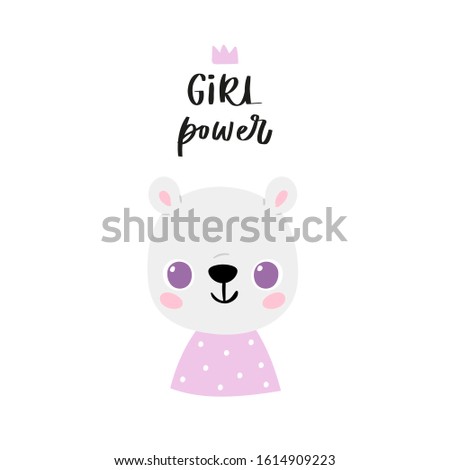 Simple portrait, pretty little animal avatar with lettering quote. Cute polar bear head Scandinavian vector illustration. Doodle style icon for kids cards, baby shower, posters, invitation, clothes  