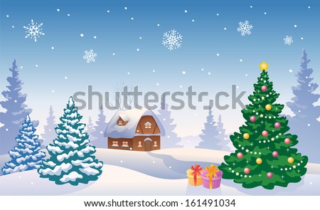 Vector illustration of a beautiful snowy country landscape with a Christmas tree and small house