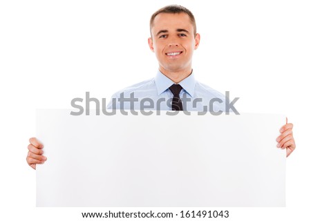 businessman holding empty white placard showing copy space isolated on white background