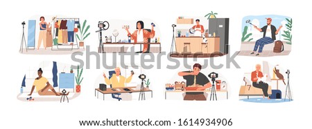 Set of bloggers and vloggers cartoon people making internet content vector flat illustration. Character creating video for blog or vlog review. Creative famous influencer shooting vlogging occupation. Royalty-Free Stock Photo #1614934906