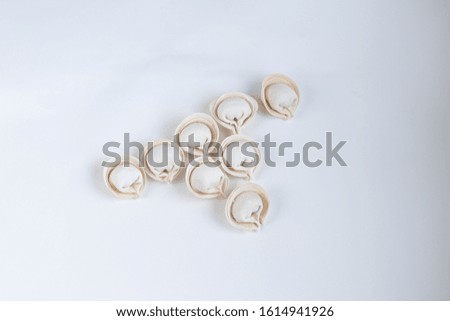 Several raw, frozen dumplings on a light background. View from above.