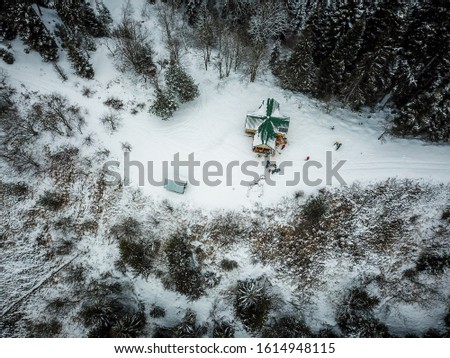 Georgia, Borjomi, Borjom-Kharagauli National park in winter.  Snowy green shelter with white forest. One of favourite Hiking Trail for travellers in Georgia,  Lomi mountain.