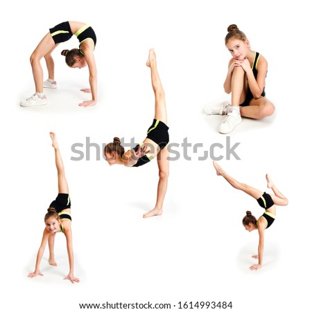 Collection of photos flexible cute little girl child gymnast doing acrobatic exercise isolated on a white background. Sport, training, fitness, active lifestyle concept