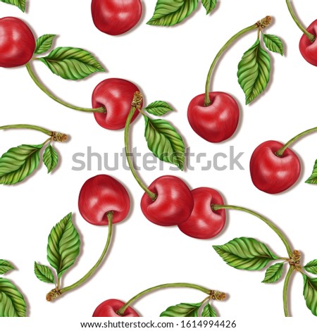 Ripe cherries with leaf on white background seamless pattern