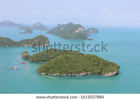 Islands in the sea. Blue water, sunny summer day, bird eye view