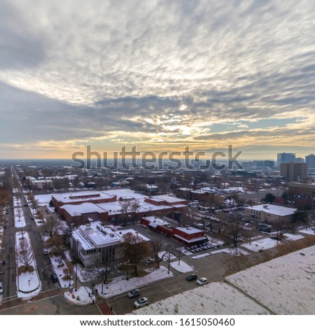 Square Panorama rooftop view of Salt Lake City with snow