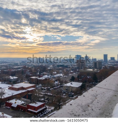 Square frame Elevated rooftop view of snow in Salt Lake City