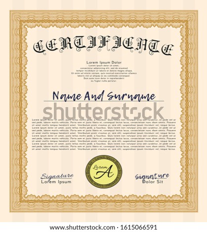 Orange Certificate diploma or award template. Excellent design. Customizable, Easy to edit and change colors. With quality background. 