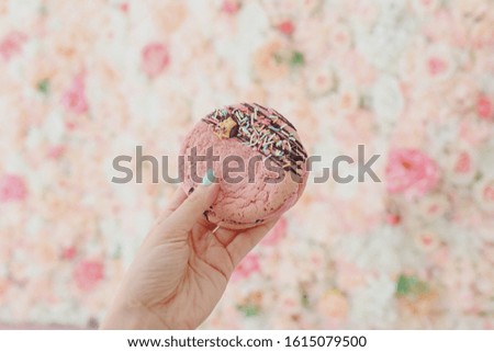 Cute pink cookie in sweet coffee cafe