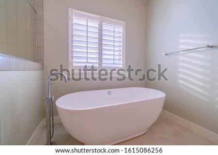 Freestanding white oval tub in a modern bathroom Royalty-Free Stock Photo #1615086256