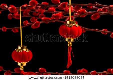 Red lanterns on a black background（Translation:blessing,Make a fortune）