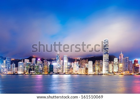 Hong Kong night view of Victoria Harbor, Hong Kong Island business district