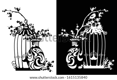blooming sakura tree branches bouquet in traditional asian vase with open bird cage - black and white vector silhouette design