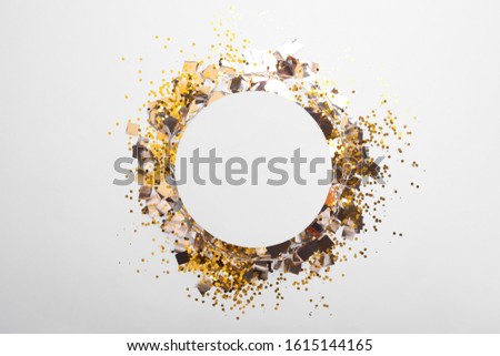 Flat lay composition with confetti on white background. Space for text
