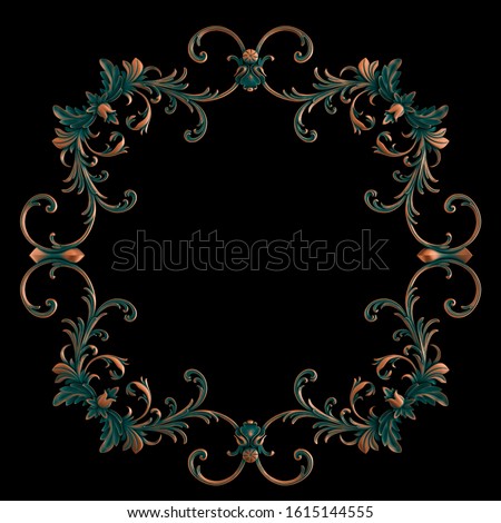 Copper frame ornamental segments seamless pattern on a black background. luxury carving decoration. Isolated . 3D illustration