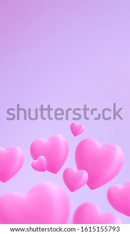 Saint Valentine day vertical banner. Cute pink hearts in the bottom by picture with gentle pink color background. Space for text.