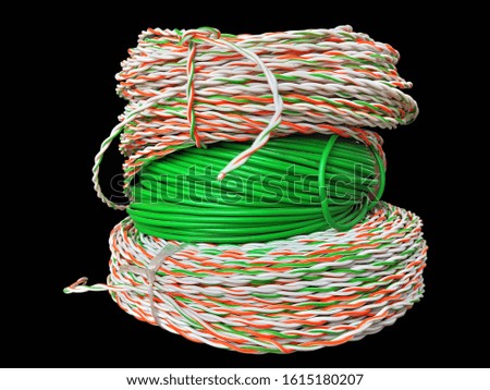 Green yellow and white wire bundles isolated on black Colored wires and cables in electrical Royalty-Free Stock Photo #1615180207