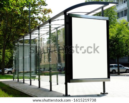 image collage of bus shelter at a bus stop with white poster ad display. advertising concept. glass and aluminum frame structure. urban setting. green background. transparent glass design and bench