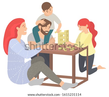Mother and father with kids at home vector, isolated family playing board game. Fun time of parents and children, parenting and childhood people. Spending time with family and game together