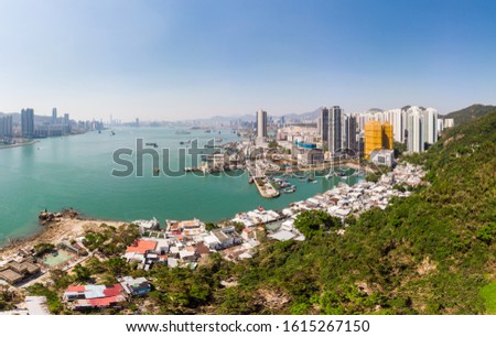 Aerial view of the waterfront Yau Tong residential district by the Victoria harbor famous for its fisherman harbor and seafood restaurants