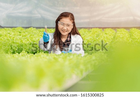 Asian woman scientists holding a research tube To check the quality of water in hydroponic farm system in greenhouse. Concept of Organic foods controlling the environment, lighting, temperature, water