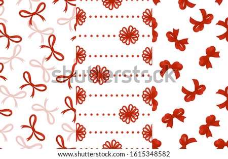 Set of seamless patterns of red bows on a white background. Vector design for a festive event.
