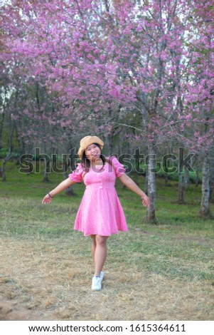 Japanese plump women Wearing a hat and pink dress  enjoying a refreshing cherry blossoms blurred background.