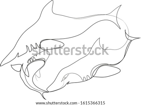 One continuous line drawing of three wild sharks in the sea.
Simple line art drawing of wildlife in the ocean.