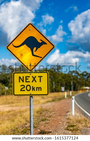 Kangaroo road crossing sign permanently erected beside highway to advise road users that kangaroos cross unexpectedly for next 20 km. The warning sign has a solid black symbol on a yellow background. 