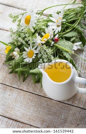 Essential aroma oil with wild flowers on wooden background. Selective focus.