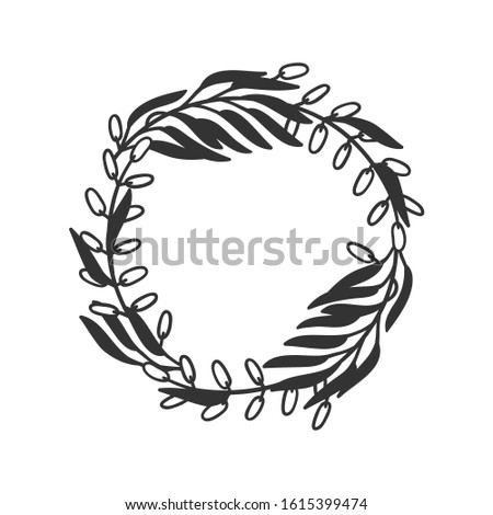 Hand drawn wreath for design use. Black Vector doodle flowers on white background. Abstract pencil boho drawing branch circle. Artistic illustration elements plant and bloom