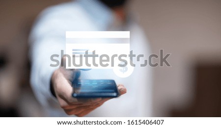 man hand phone with credit card icon in screen