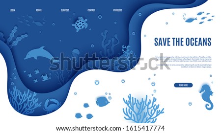 Web page design template in paper cut style underwater ocean underwater view through cave porthole. Coral reef seabed fish in algae waves. Vector paper craft diving World Water Day website concept. Royalty-Free Stock Photo #1615417774