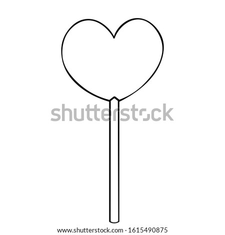 Sugar candy on a stick, in the form of a heart.  Caramel outline on an isolated background. Vector illustration.  Idea for a book or magazine. Coloring book for children and adults. Valentine day. 