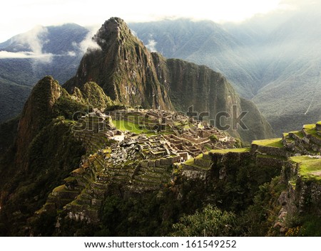Machu Picchu Inca Lost city in mist Royalty-Free Stock Photo #161549252