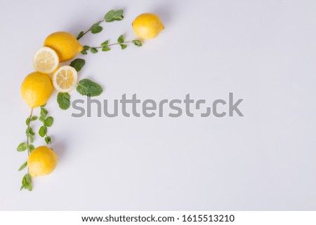 Aesthetic lemon flatlay. Beautiful set made of sprigs and citric halves. Decor concept.