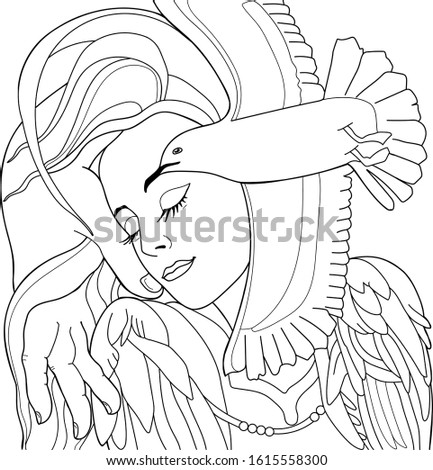 Vector hand drawn illustration the face of a girls from the birds and hands. Line art. Template for card, poster, banner, print for t-shirt, coloring book for adults.