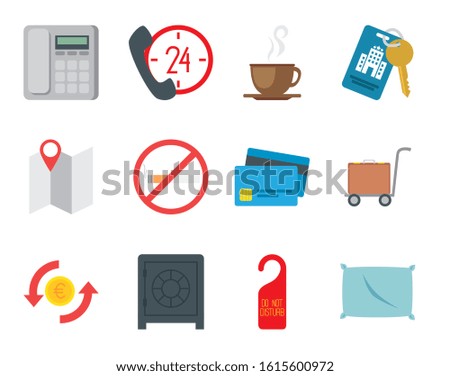 Hotel icon set design of travel service reception room resort accommodation motel lobby and vacation theme Vector illustration