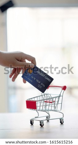 The credit card on hand shows the purchase symbol. Payment Model, shopping cart, product, shopping symbol