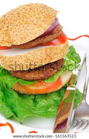 big double grilled hamburger on ceramic plate isolated  over white background