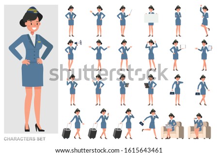 Set of stewardess character vector design. Presentation in various action with emotions, running, standing and walking. Royalty-Free Stock Photo #1615643461